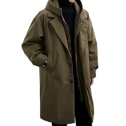 Army green mid-length hooded trench coat with button front and shoulder tabs