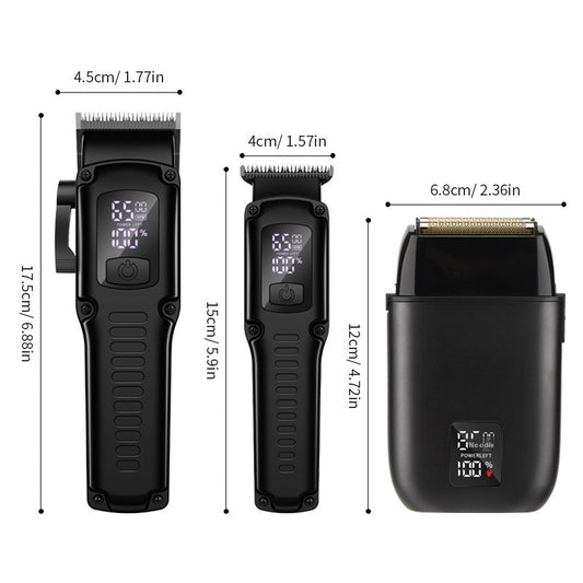 Three hair trimmers with digital displays and measurements on a white background