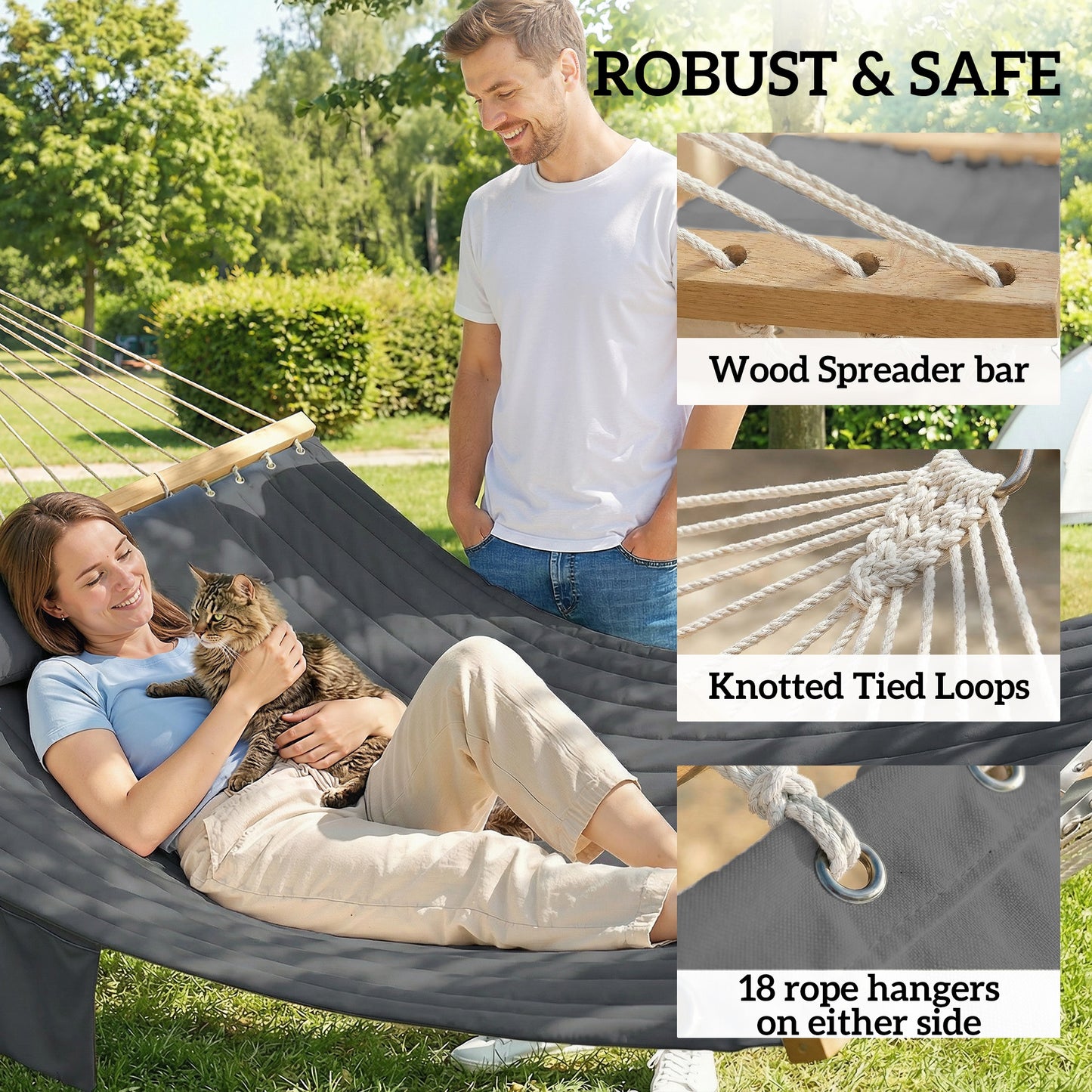 Gray two-person hammock in use with two people reclining, wooden spreader bars and rope ends