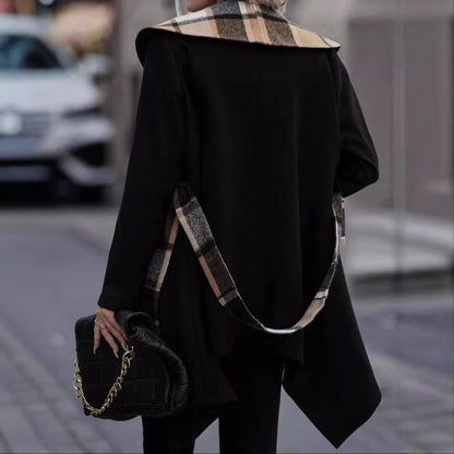 Women's Lace-up Plaid Wool Trench Coat | Mid-Length Color-Match Coat Lace-up Plaid Color Matching Wool Mid-le | Ectron Online