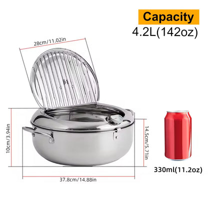 Stainless steel deep fryer with hinged lid and wire basket; 4.2L capacity