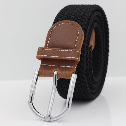 Simple Stretch And Breathable Canvas Woven Belt with leather buckle and black woven design