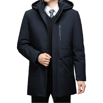 Black coat worn by a person on a white background