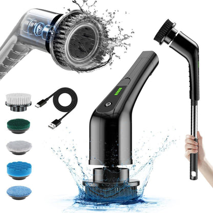 Electric cleaning brush with black handle and rotating scrubber heads, plus brush pads
