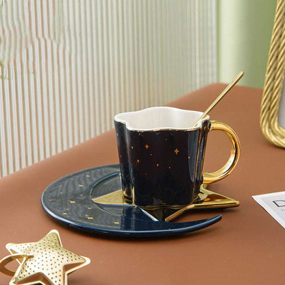 Creative Ceramic Cup with Star and Moon Saucer - Celestial Gold Trim Coffee Set Creative Ceramic Cup With Star And Moon | Ectron Online