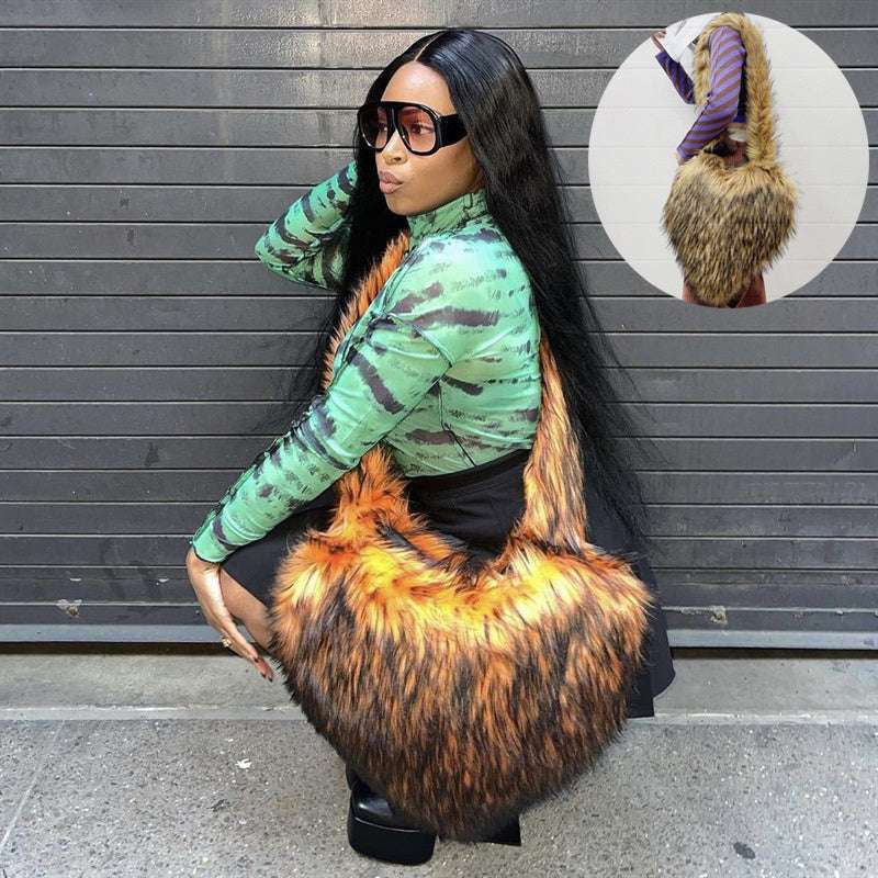 Plush Large Capacity Love Shoulder Bag for Women Winter Fleece Shoulder Bags Women Heart | Ectron Online