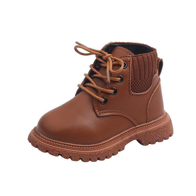 Children's brown leather lace-up martin boots with padded collar and rubber sole