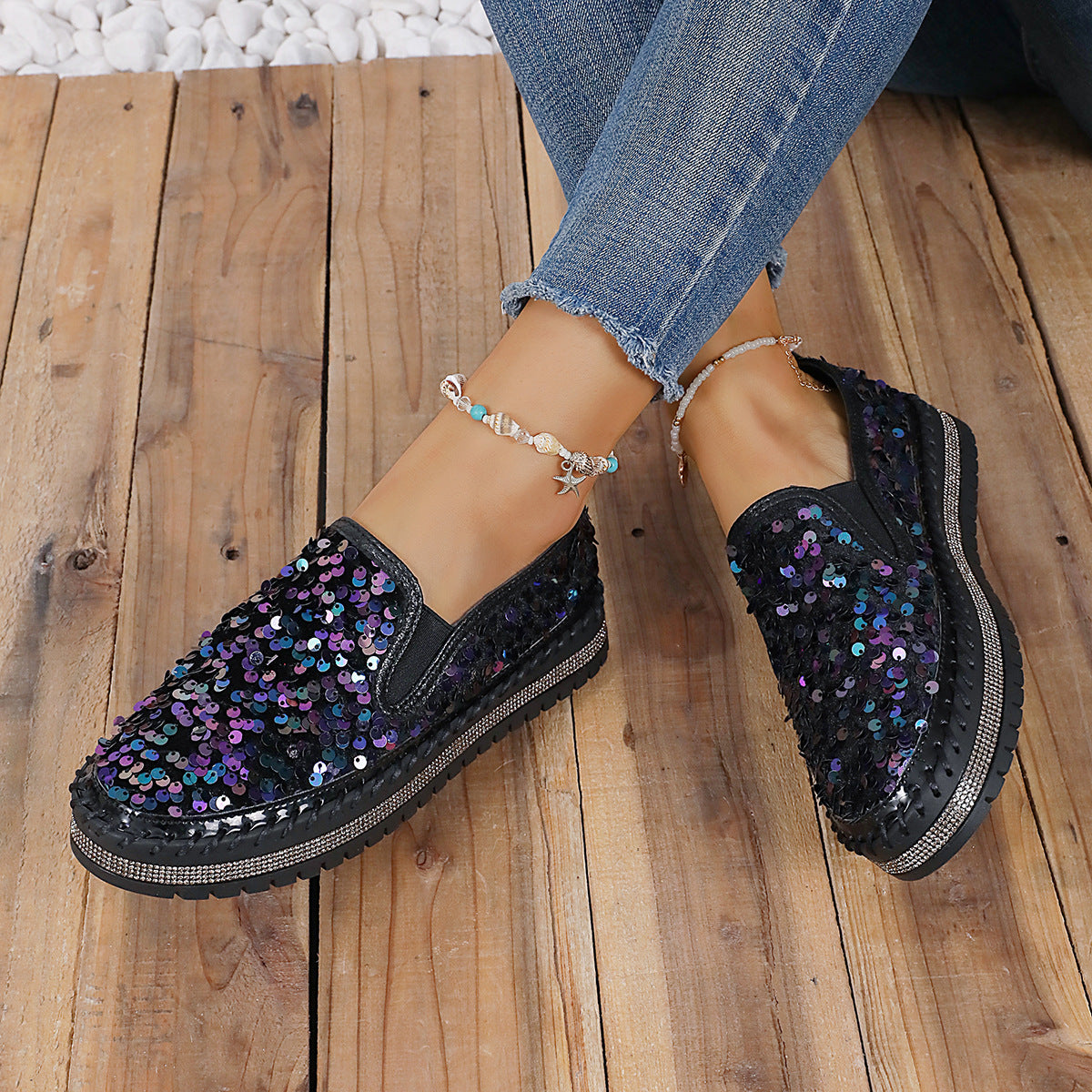 Round Toe Flat Bottom Color-blocking Sequin Oversized Shoes Round Toe Flat Bottom Color-blocking Seq | Ectron Online