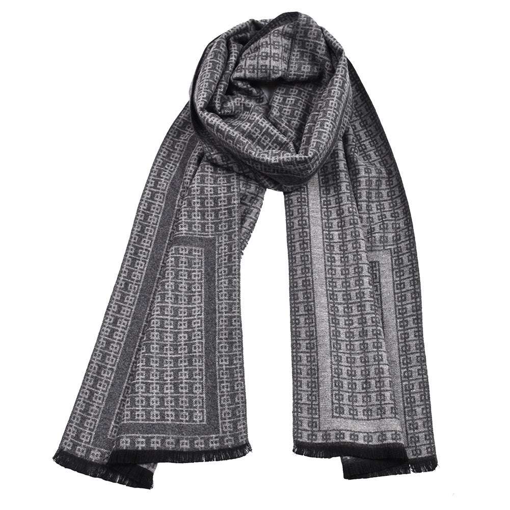Double-sided knitted scarf in light gray with dark gray geometric pattern and black trim