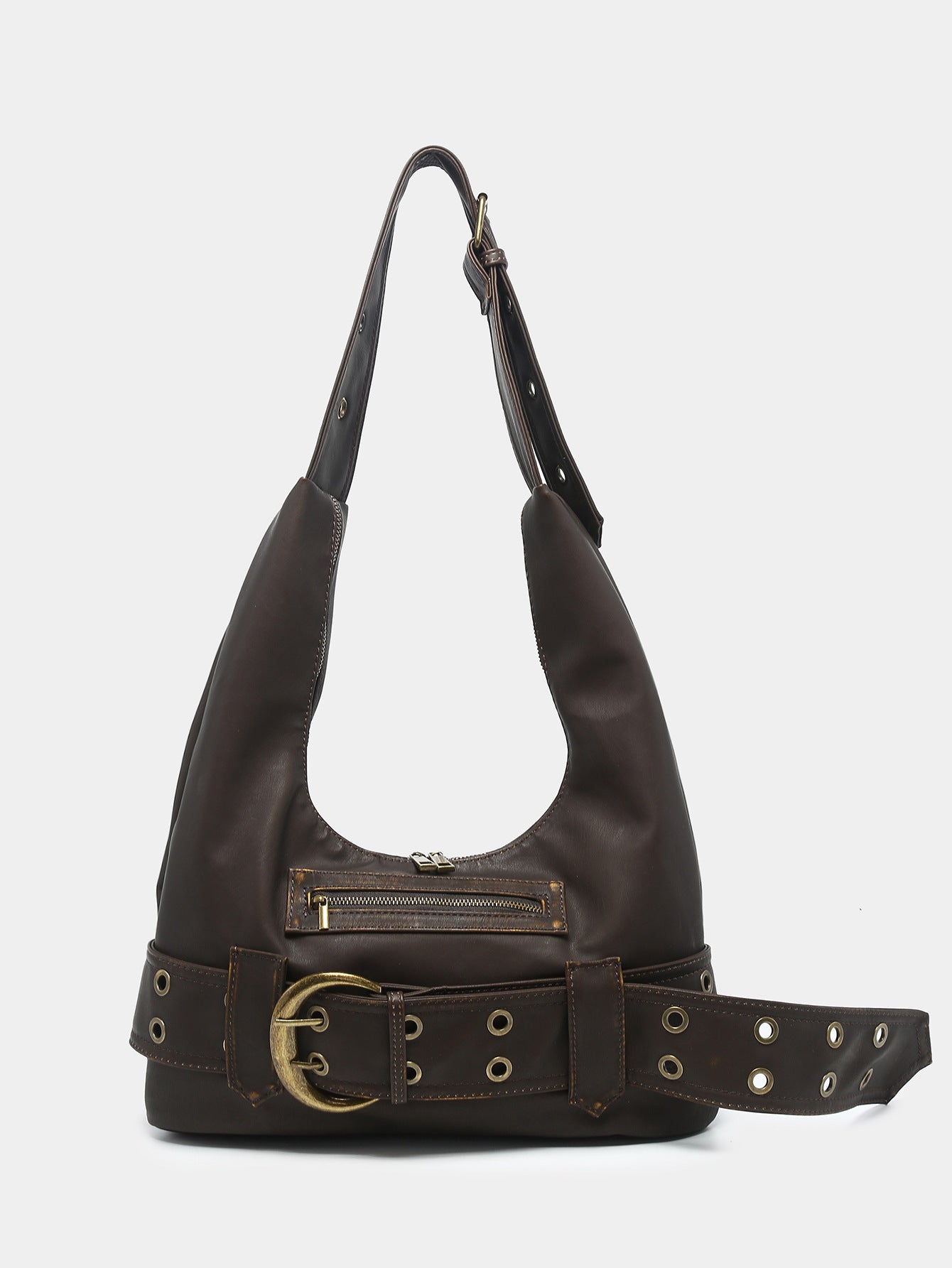Brown leather slouch shoulder bag with front zip pocket and brass buckle belt strap