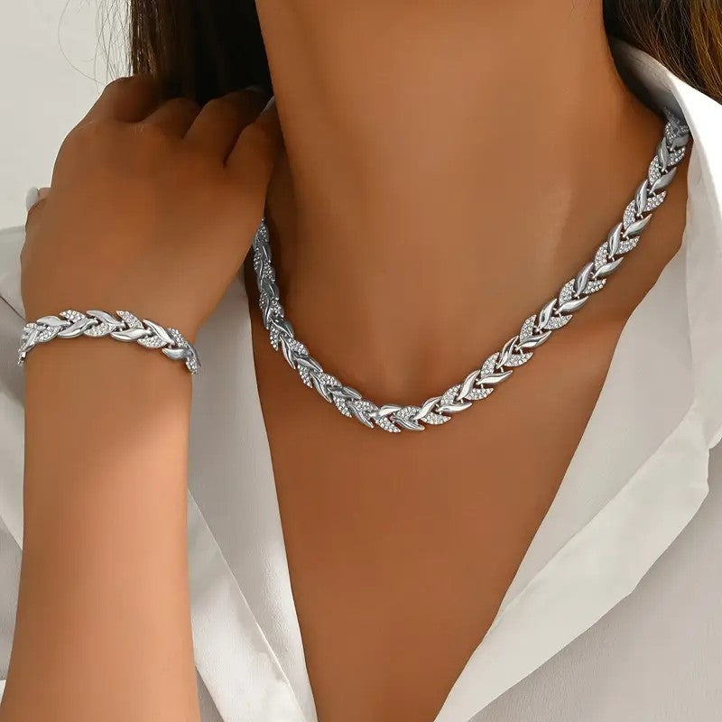 Glass Leaf Jewelry Set | Elegant Rhinestone Necklace & Bracelet