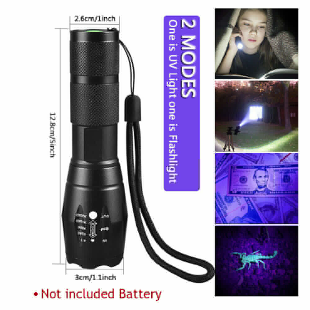 2-Pack UV Flashlight & LED Torch - 395nm Zoomable Blacklight