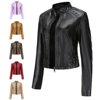 Studded Leather Women Short Jacket Long Sleeves