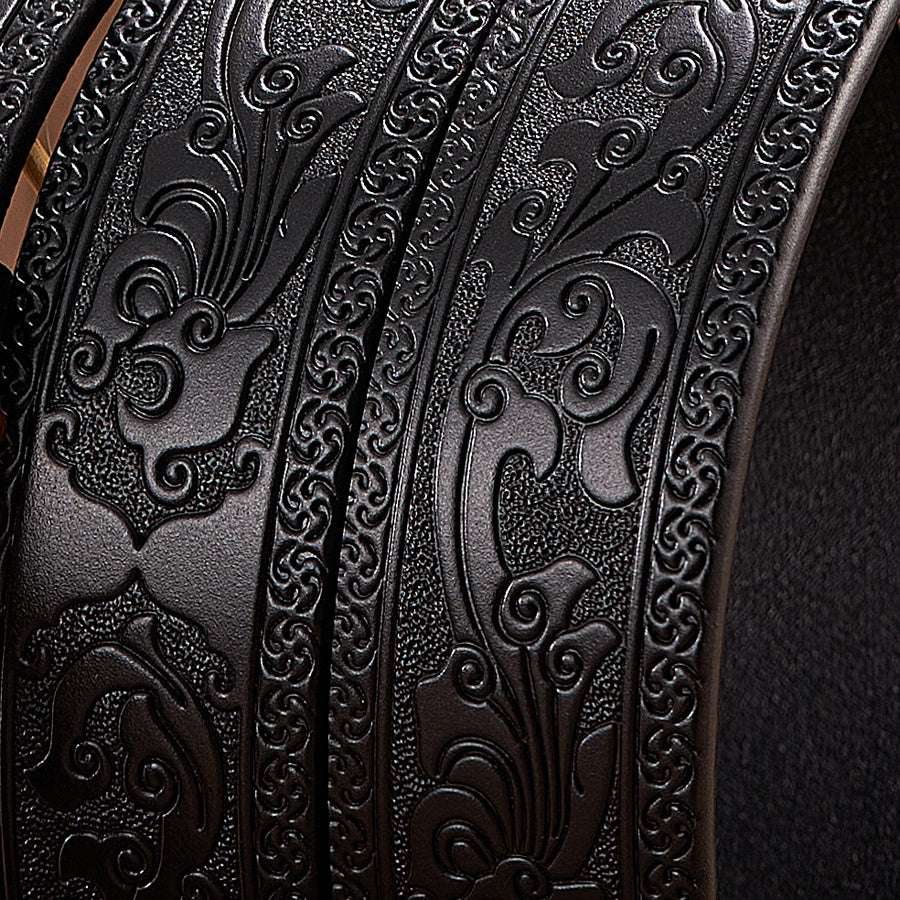 Men's Dragon Automatic Buckle Two-layer Cow Leather Embossed Belt showing intricate embossed design.