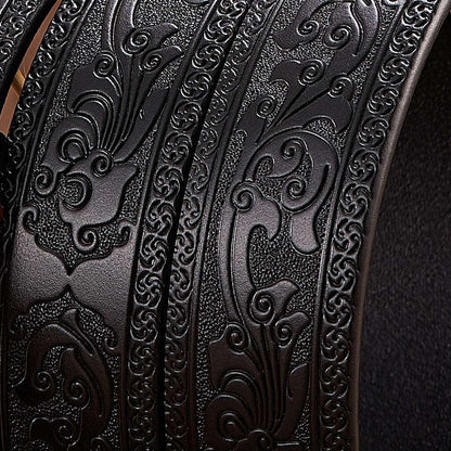 Men's Dragon Automatic Buckle Two-layer Cow Leather Embossed Belt showing intricate embossed design.