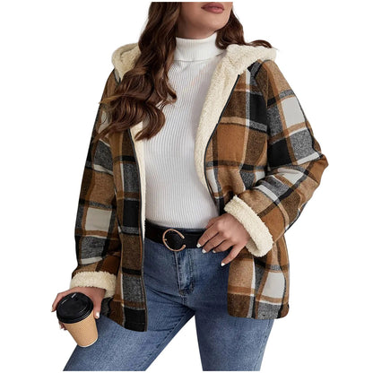 Women's Plaid Fleece-Lined Hooded Coat | Thickened Winter Jacket Plaid Printed Coat Fleece-lined Thickene | Ectron Online