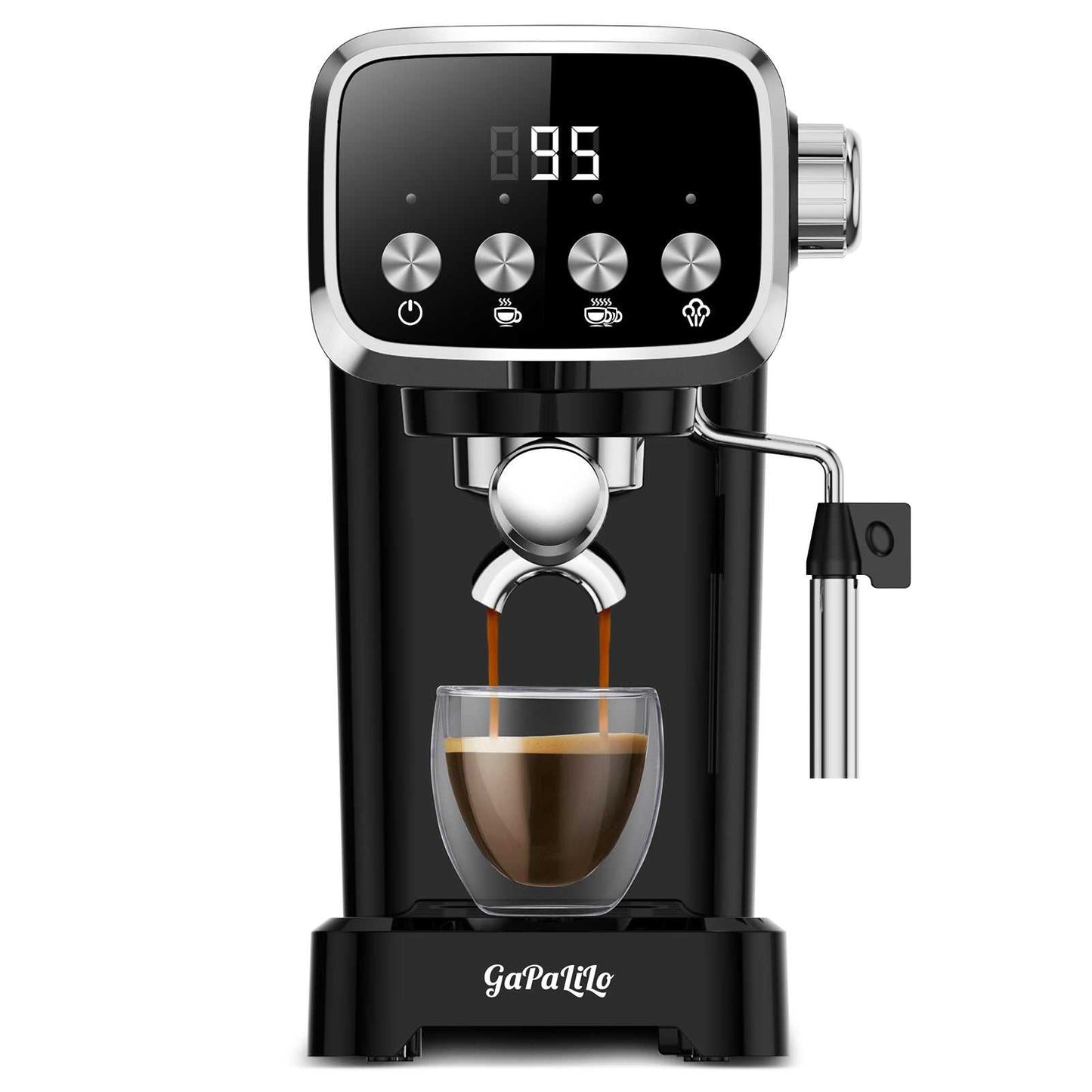 Black espresso machine front view with LCD display, buttons, and milk frother wand.