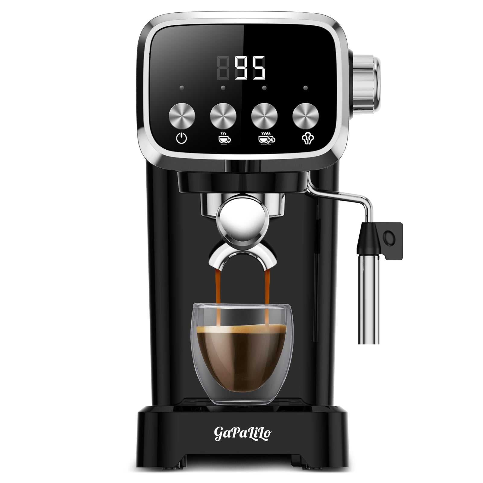 Black espresso machine front view with LCD display, buttons, and milk frother wand.