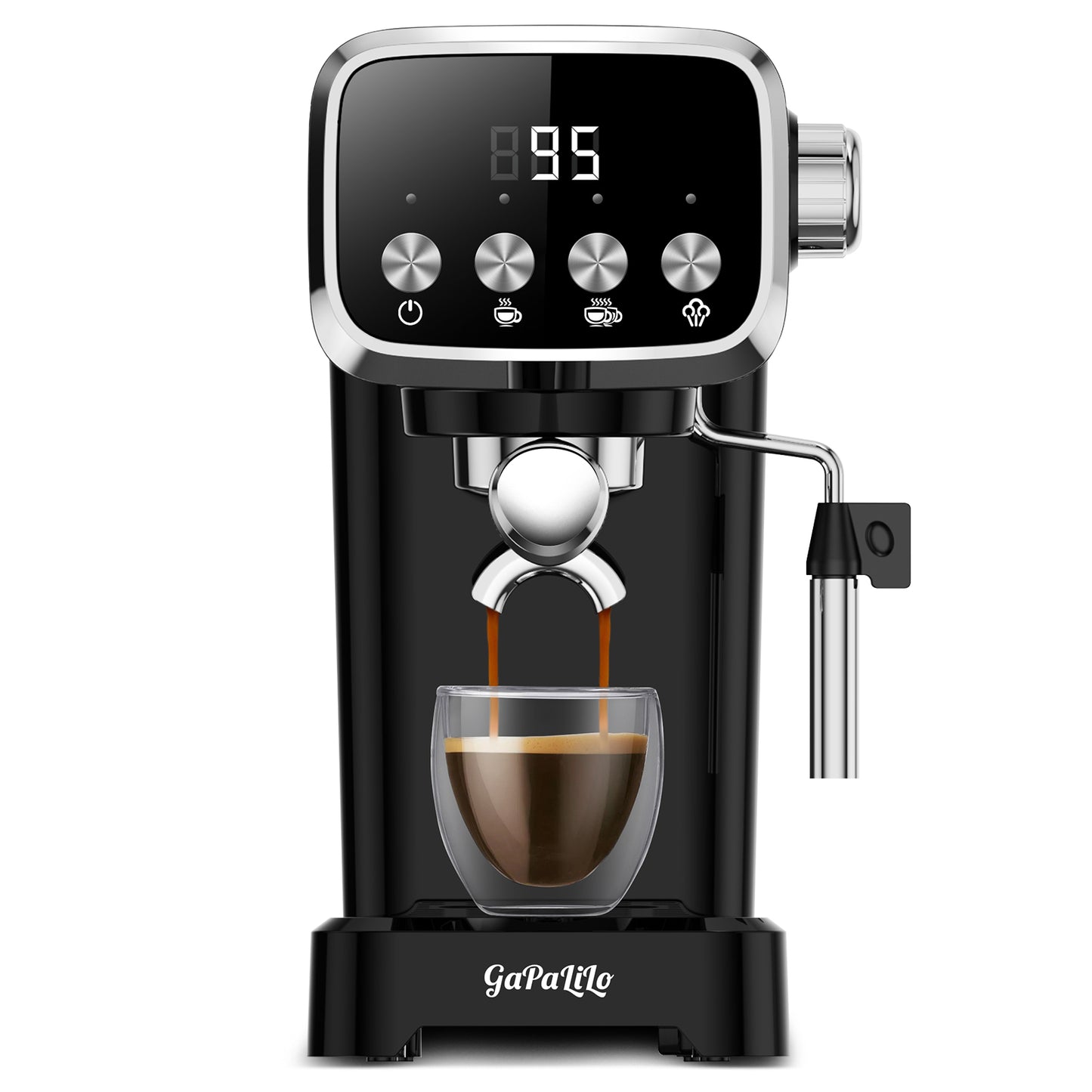 Compact espresso machine in black with silver control panel, portafilter cradle, and steam wand