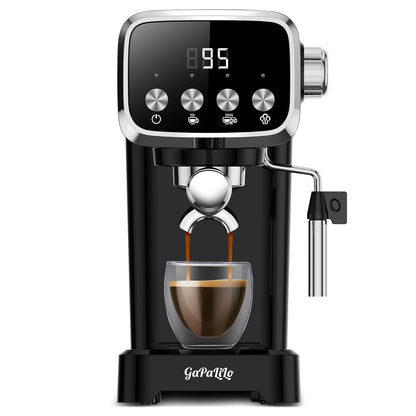 Compact espresso machine in black with silver control panel, portafilter cradle, and steam wand