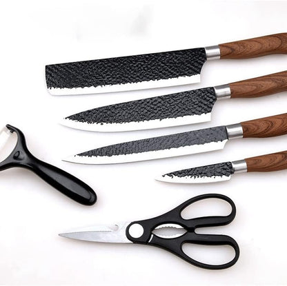 Textured steel knives with wood handles and black scissors