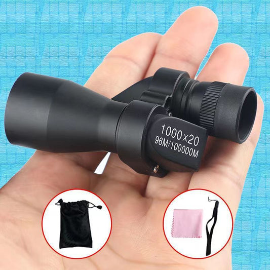 Hand holding a black binoculars with additional images of a carrying case, cloth, and strap on a blue background.