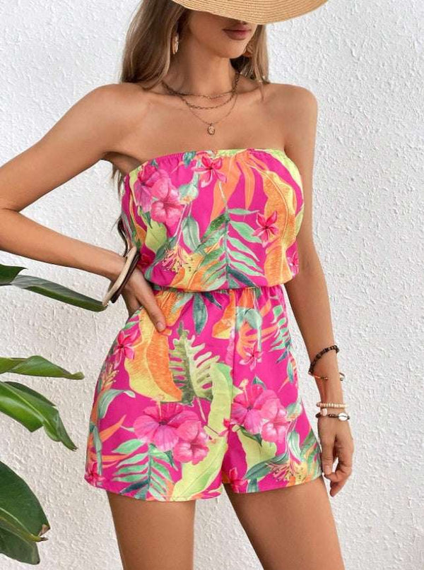 Women’s Vacation Strapless Colorful Flower Print Romper