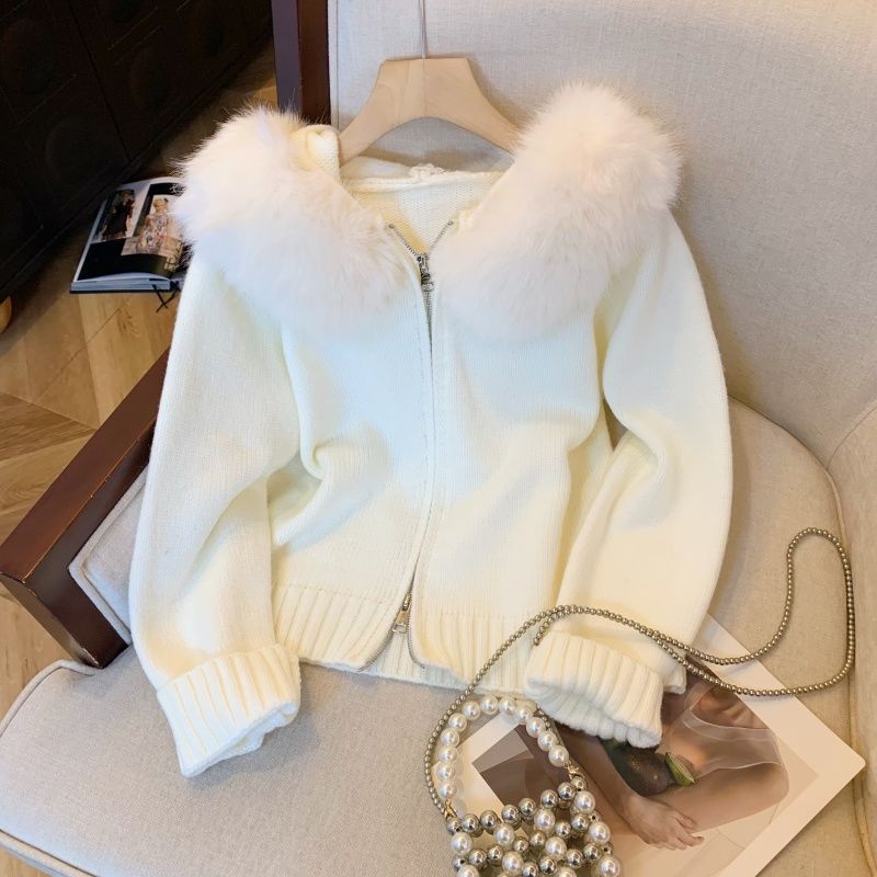 Women's Double Zipper Knit Cardigan | Fur Collar Hooded Sweater Double Zipper Fur Collar Stitching Desig | Ectron Online