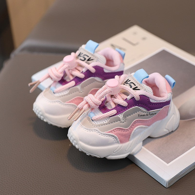 Kids mesh sneakers in pink and lavender with lace-up front and chunky white sole