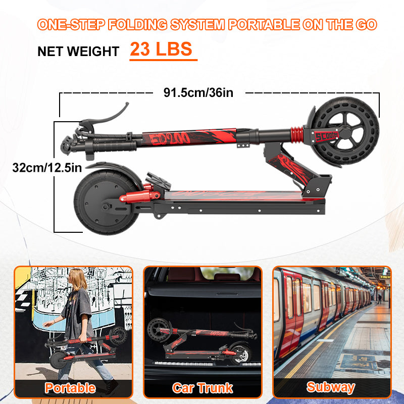 Folded electric scooter with compact frame and large wheels, red and black