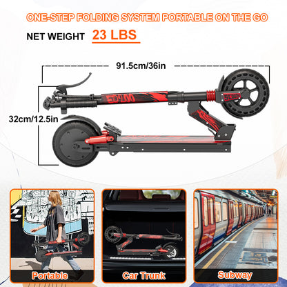 Folded electric scooter with compact frame and large wheels, red and black