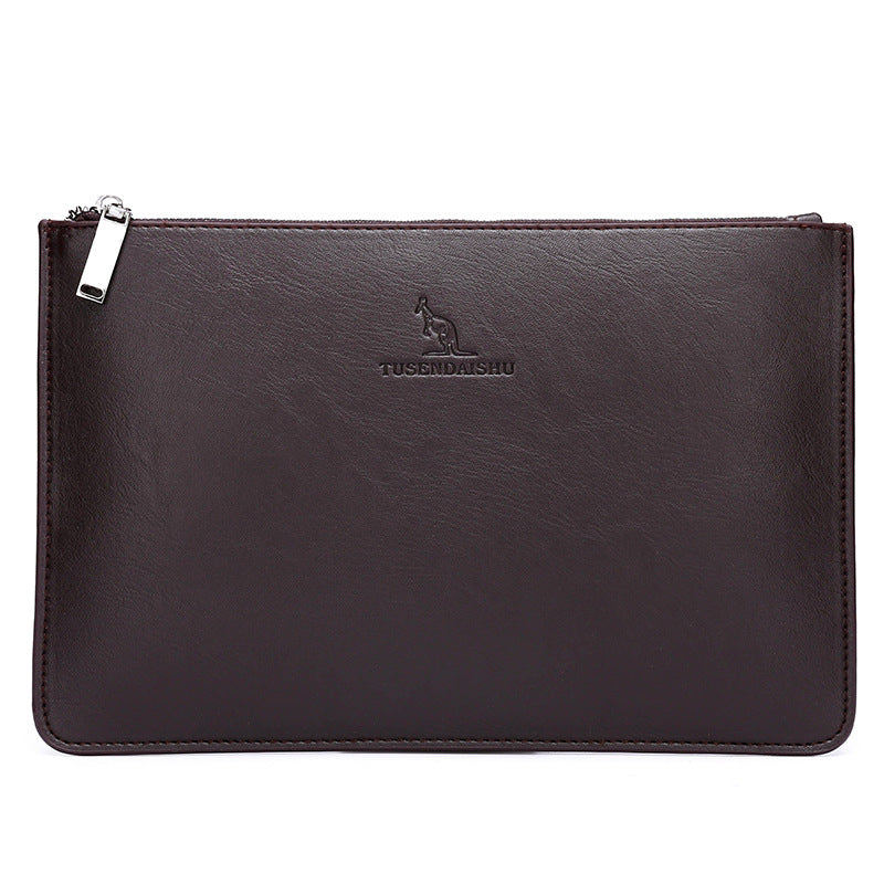 Embossed logo PU leather clutch with zip top, dark brown
