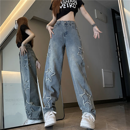 Blue XINGX Embroidered Jeans Women Loose Straight-leg Wide-leg Pants