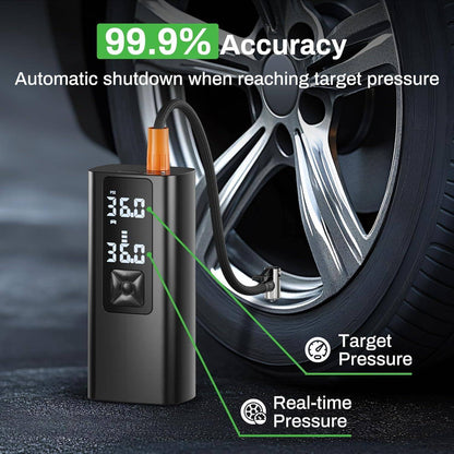 Black tire inflator showing target and real-time pressure on digital screen