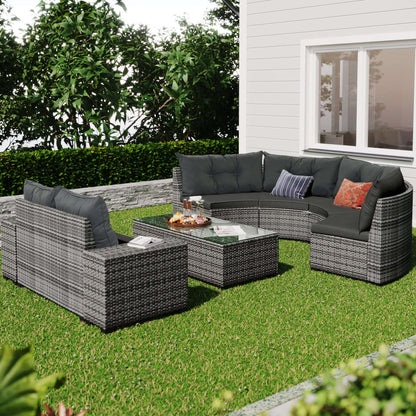 Gray outdoor wicker sectional sofa set with tufted cushions and rectangular coffee table