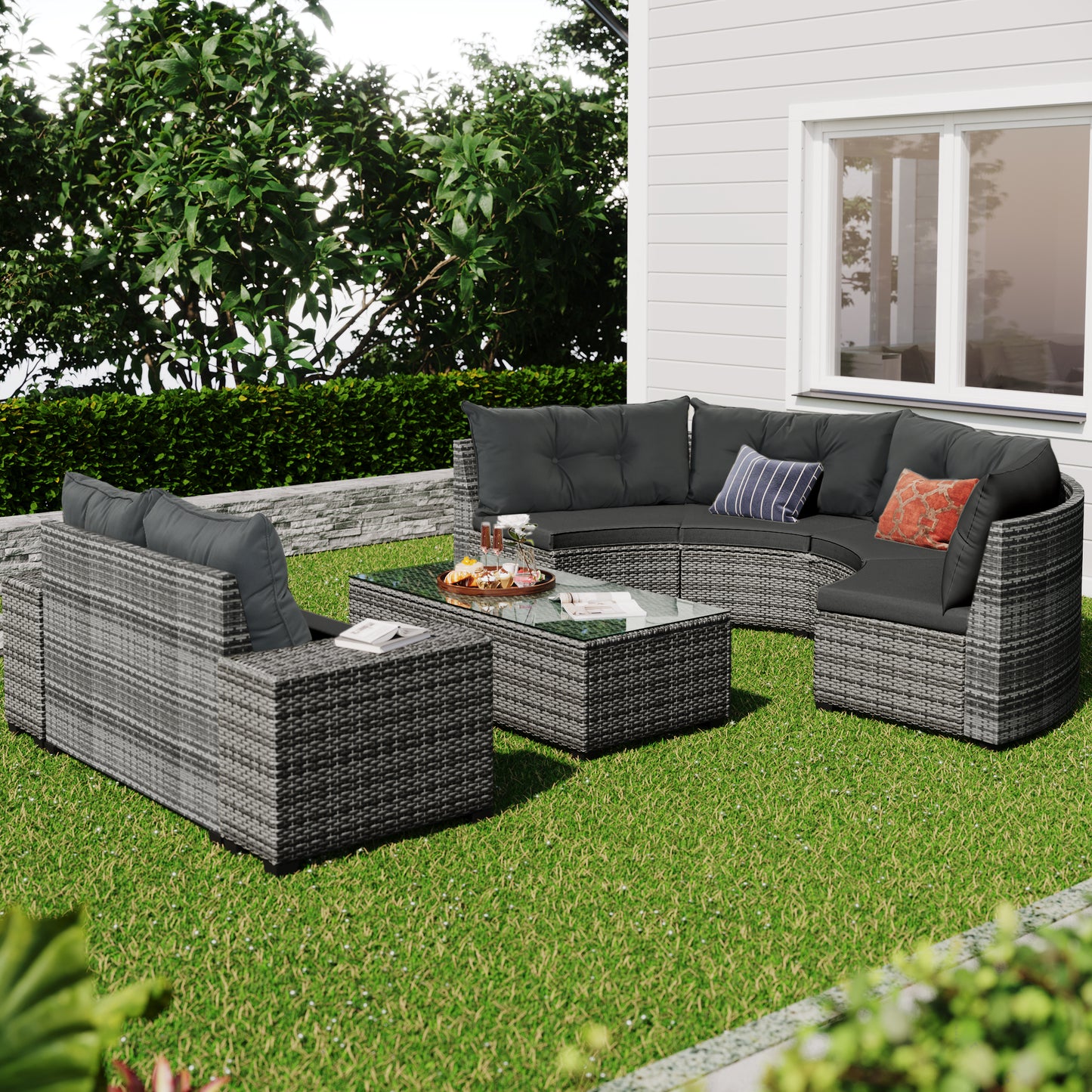 8-Piece Outdoor Wicker Round Sofa Set - Half-Moon Sectional Gray