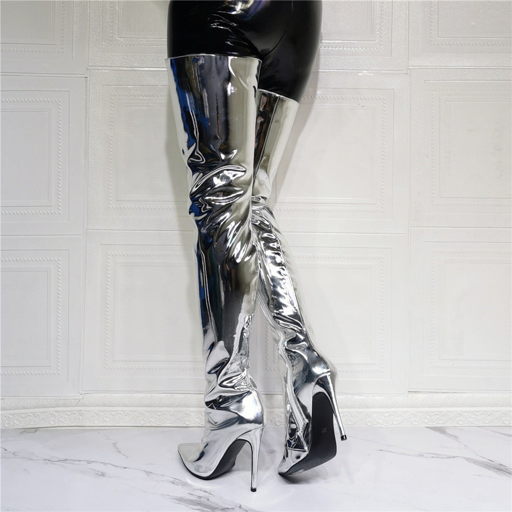 Women's Fashion Silver Patent Leather Knee High Boots