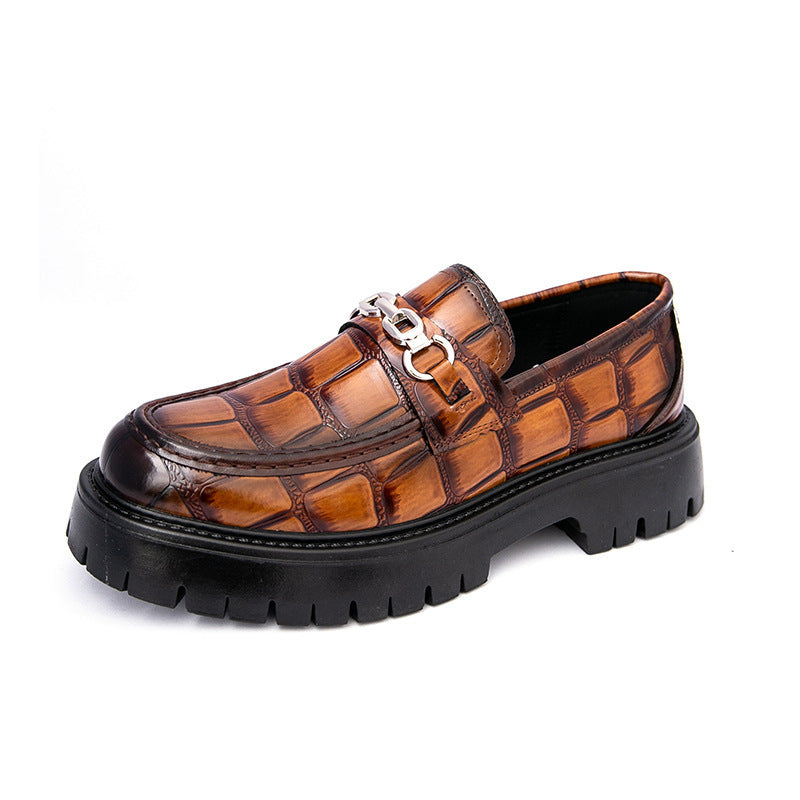 Men's tan and brown platform loafers with metal buckle strap and lug sole