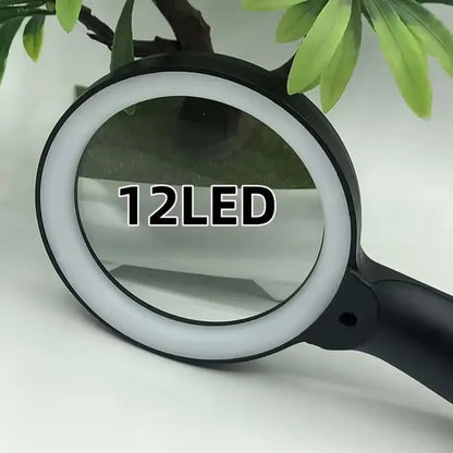 Black handheld magnifying glass with LED ring light