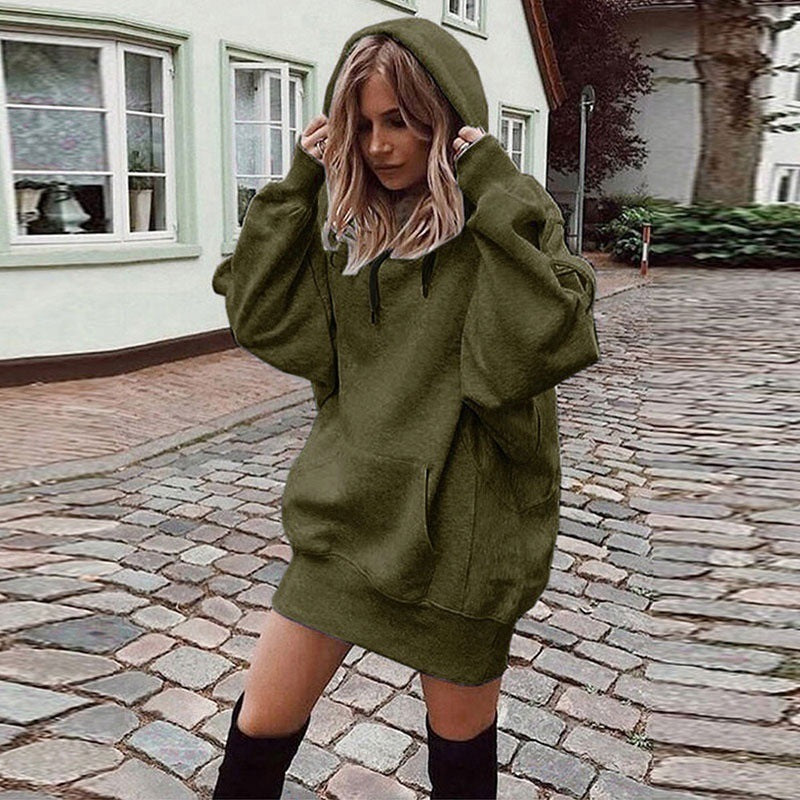 Women’s olive green fleece pullover hooded sweatshirt with drawstring and pocket