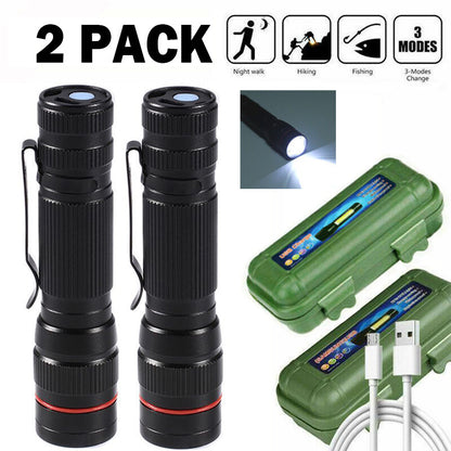 Two black LED flashlights plus green USB charging case in 2-pack set.