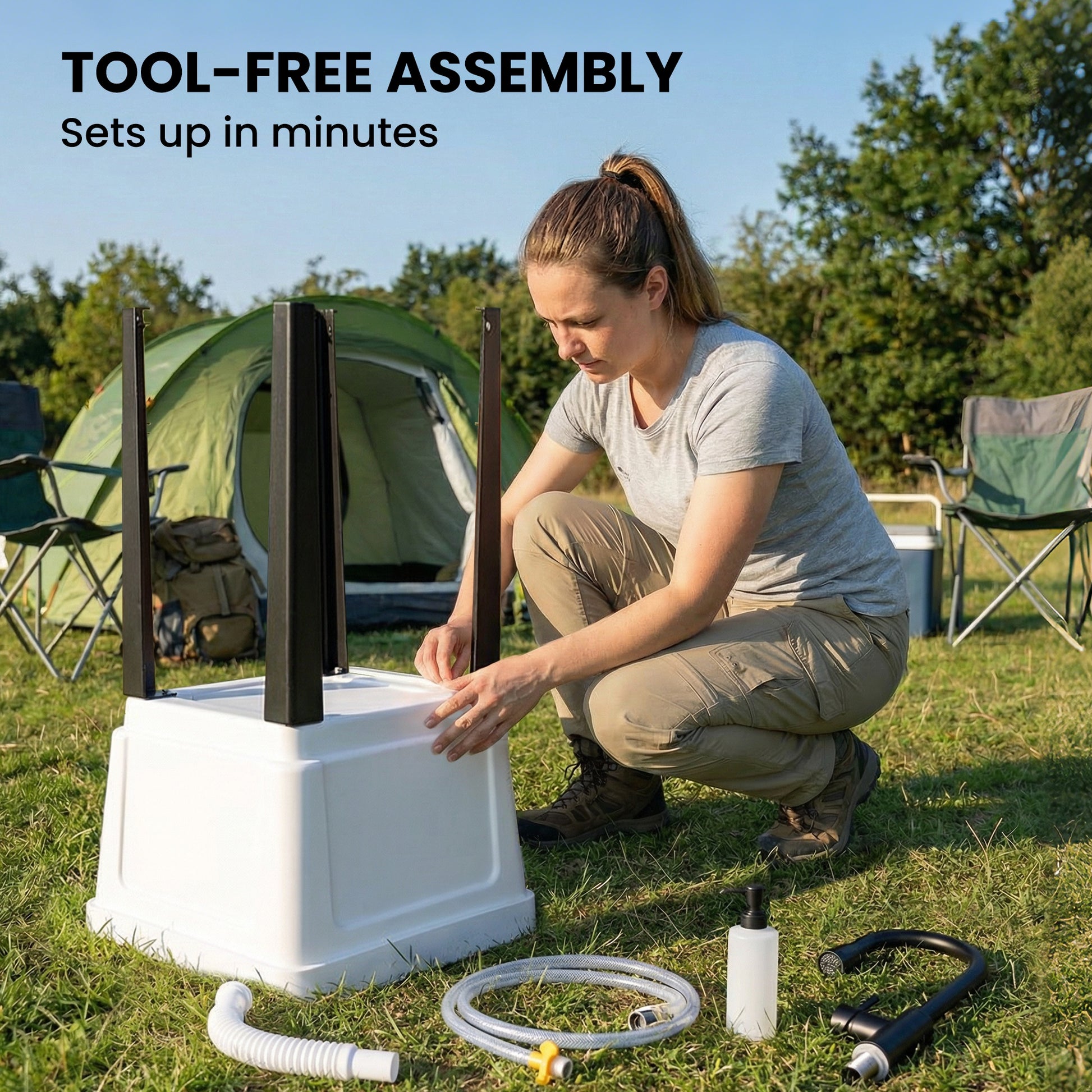 White utility sink base with included hose and accessories for tool-free setup