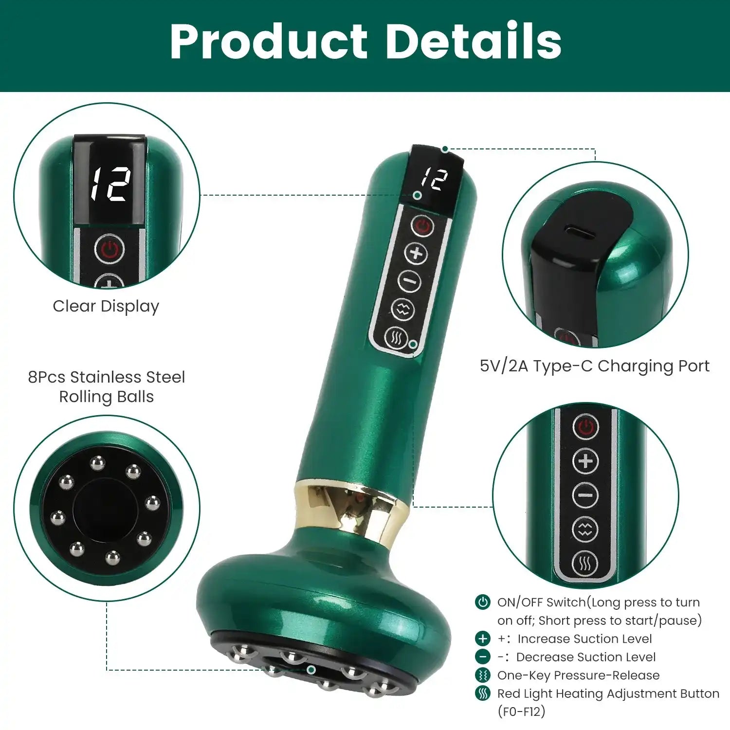 Green vacuum massager with LED display, charging port, and suction roller head