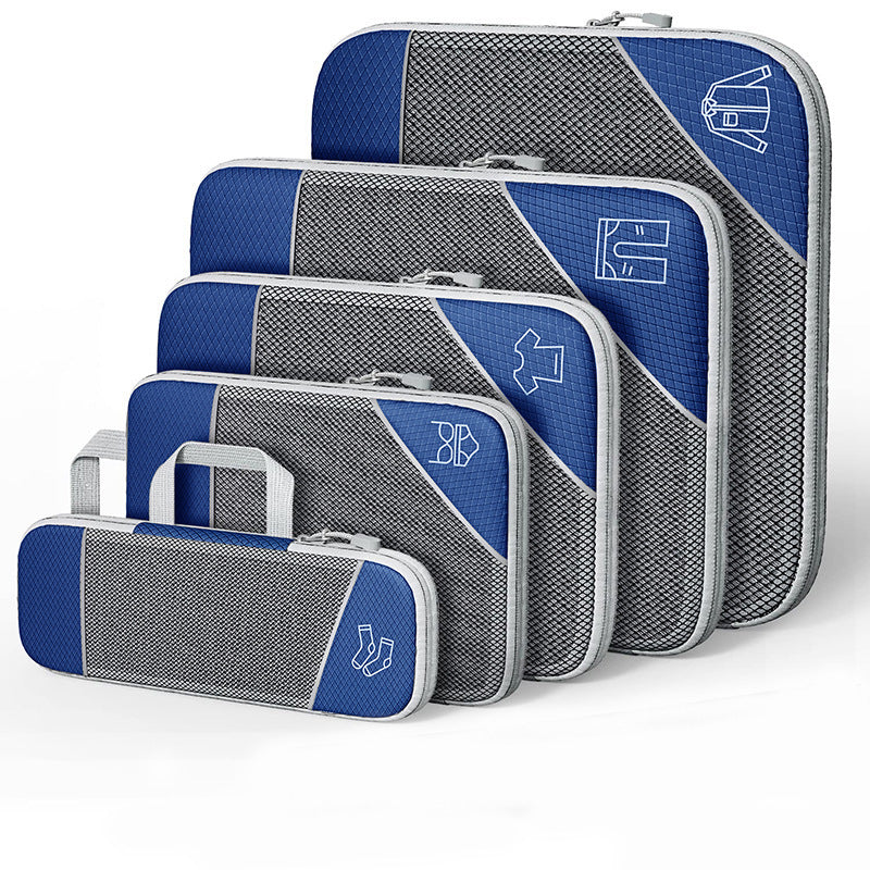 Luggage organizer set with zipper compression bags and shoe bag, navy blue and gray with icons