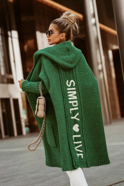 Women's Long Hooded Letter Cardigan | Trendy Graphic Knit Coat Ladies New Letter Hooded Long Cardigan | Ectron Online