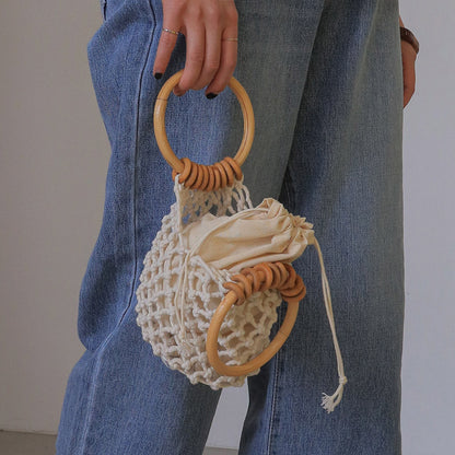 Woman Girl Fashion Woven Handbag Beach Style Wood Handle Drawstring Bucket Bag