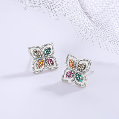 S925 Silver Four Leaf Grass Color Diamond Earrings