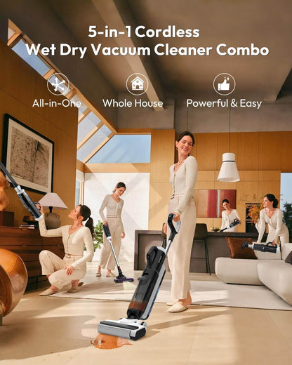 Cordless wet dry vacuum cleaner combo with long handle and slim floor cleaning head