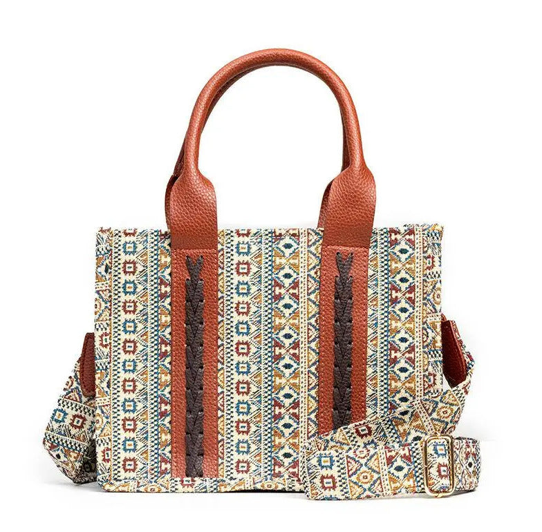 Hand-woven shoulder messenger bag with beige multicolor pattern panels, brown leather handles