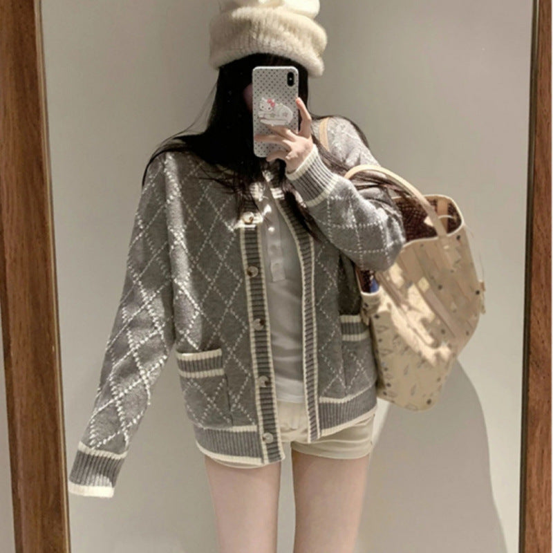 Women's Mid-Length Rhombus Knitted Cardigan Rhombus Sweater Coat Women's Mid-length | Ectron Online